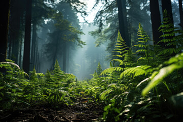 towering redwood forest, where sunlight filters through the canopy, ai generated.