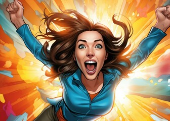 Excited Jump Illustrate her mid-jump arms raised - colorfull graphic novel illustration in comic style