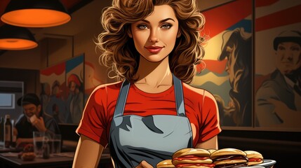 Friendly female waitress in an American Diner serving - colorfull graphic novel illustration in comic style - obrazy, fototapety, plakaty