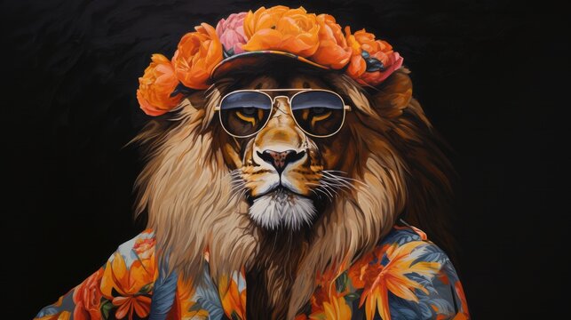 Floral child lion, Vintage, Hippie, Flowers crown, Wallpaper, Poster, Portrait. THE EXTRAVAGANT HIPPIE! A refined good-natured lion from other times in all his glory with wreath of flowers on his head