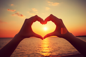 A close-up of hands forming a heart shape with a beautiful sunset in the background - love and togetherness concept Ideal for romantic themes and greeting cards