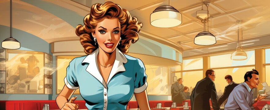 Retro Roller Skates Show The Waitress - Colorfull Graphic Novel Illustration In Comic Style