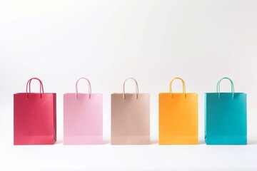 Five Colorful shopping bags. Empty mockup on a white background. Generative AI