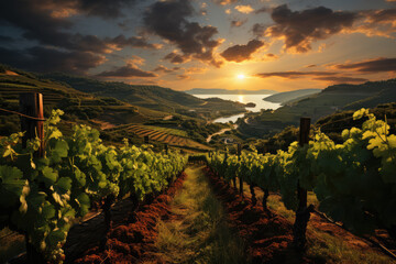 Fototapeta premium Picturesque vineyard at sunset, ai generated.