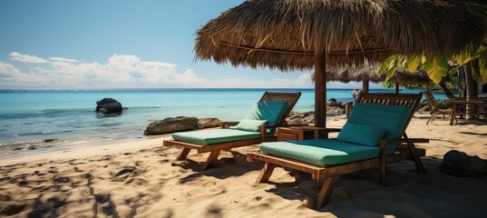 Sunbeds and umbrella on a tropical beach. Panorama