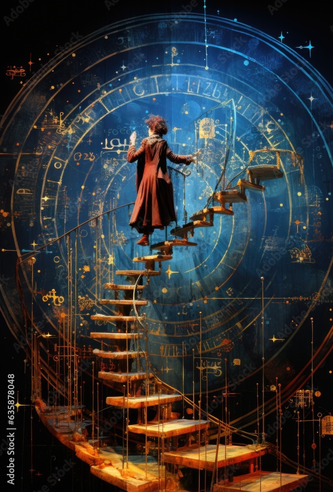 Poster a man standing on a set of stairs in front of a clock. generative ai image.