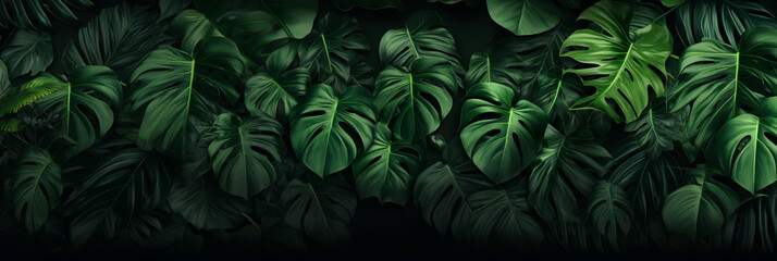 Lush green monstera leaves background, Tropical foliage in nature. 