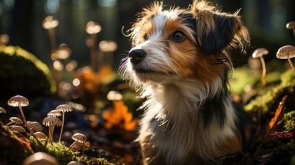 Pet dog, Sniffing shrooms, Stock photo