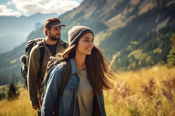 A young couple hiking in a picturesque mountain landscape, enjoying nature's beauty and adventure together Perfect for outdoor exploration and travel concepts