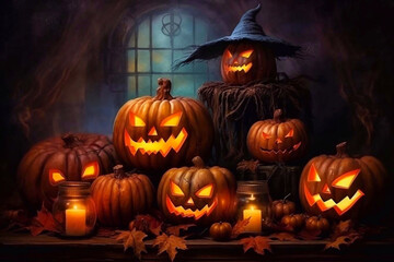 Halloween. Scary smiling pumpkins with a scarecrow in a black hat. Generative AI