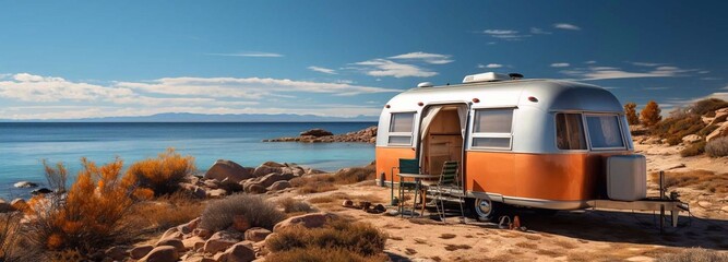Caravan trailer on the sea coast. Generative AI - obrazy, fototapety, plakaty