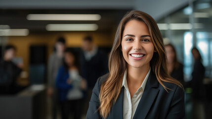 Close up portrait of a smiling young businesswoman in suit against office background.