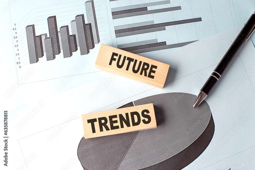 Poster future trends text on wooden block on chart background