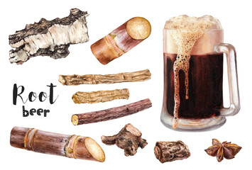 Watercolor illustration of root beer set with ingredients, isolated on white background