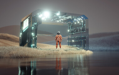 Astronaut standing under a sci fi structure.