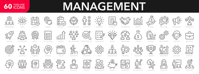 Management icons set. Business and management 60 outline icons collection. Mission, teamwork, values, strategy, organization, communication, human resource - stock vector. - obrazy, fototapety, plakaty