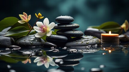 Hot stones. Relaxing massage in the spa. Hot stones and candles with flowers. Generative AI