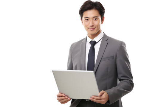 Smiling asian businessman in a black suit with a tie isolated on transparent background PNG