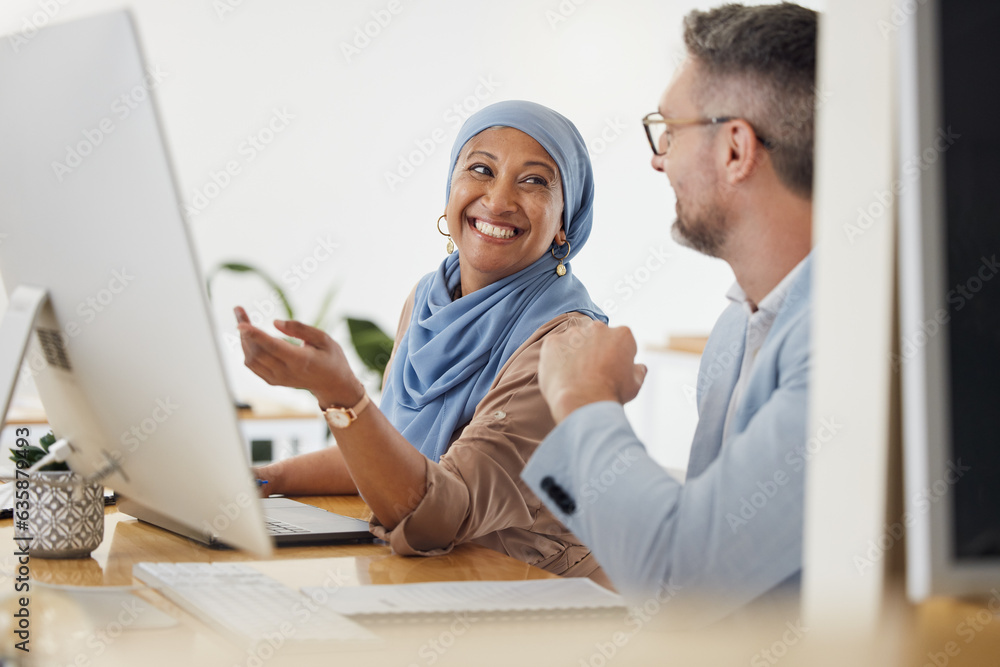 Poster feedback, consulting and computer with business people in office for creative, diversity and coachin