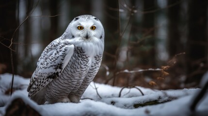 Snowy owl in winter forest. Snowy owl. Snowy owl