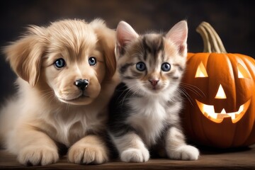 cat and puppy and halloween pumpkin