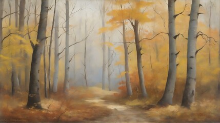 紅葉した森の油絵、風景画、背景｜Autumn leaves forest oil painting, landscape painting,background. Generative AI