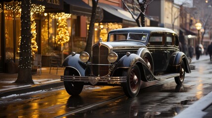 Steam punk style, 1940's, car, main street, christmas, winter