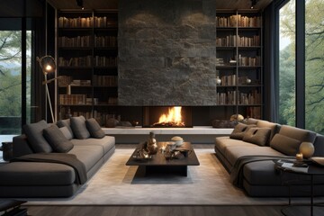 contemporary living room with fireplace.