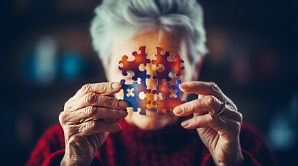 dementia, Alzheimer's disease. an elderly woman is holding a jigsaw puzzle icon, a jigsaw puzzle she can't put together. Generative Ai. - obrazy, fototapety, plakaty