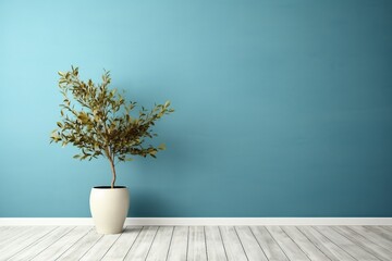 blue wall empty room with green plant in vase. generative ai.
