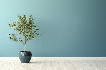 blue wall empty room with green plant in vase. generative ai. - Powered by Adobe