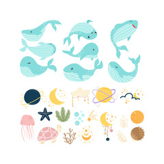 Fototapeta na wymiar Magical Whale Illustration. Baby Nursery Element Illustration