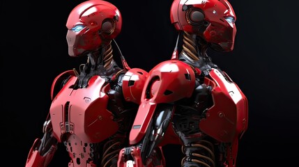 Two red evil robots look around on a black background.
