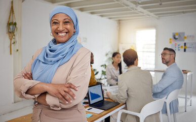 Ceo, Muslim woman and arms crossed portrait of business manager in a office with a smile. Company...