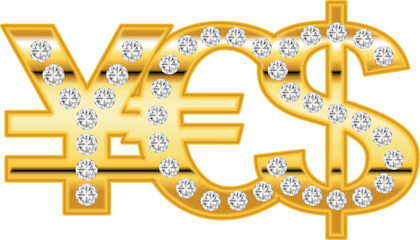 Geld Symbole aus Gold mit Diamanten, die in ihrer Anordnung eine Bejahung zum Geld selbst ergeben