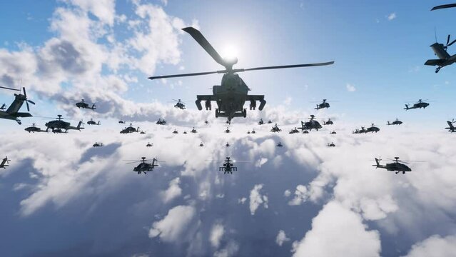 A squadron of military helicopters flying high above the clouds, maintaining a precise formation as they approach the battle zone.