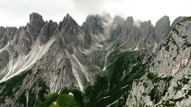 Aerial view Cadini di Misurina mountain group in Dolomites, Italy, part of Tre Cime di Levaredo national park and UNESCO world heritage site.
