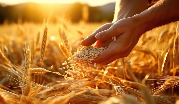A man's hand holds spikelets of grain