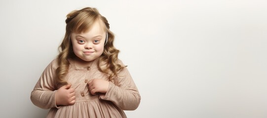 Cute smiling down syndrome girl on the beige background With copy space