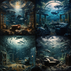 Gaming room under the sea and swimming dolphins,sharks
