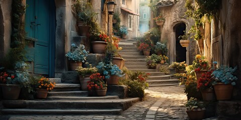 AI Generated. AI Generative. Old retro vintage street walk in Europe village small city countryside decoration with plants. Graphic Art