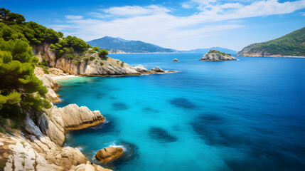 Obraz premium Step into a world of tranquility and azure hues with this mesmerizing image of the Mediterranean Sea. Rugged cliffs and rolling hills create a dramatic backdrop, while the sea's mesmerizing shades of