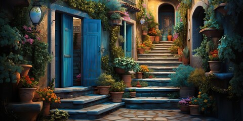 AI Generated. AI Generative. Old retro vintage street walk in Europe village small city countryside decoration with plants. Cozy little town walking streets