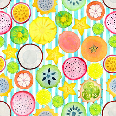 Seamless pattern with exotic tropical fruits