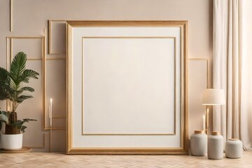 Frame mockup in contemporary minimalist beige room interior , Generative ai