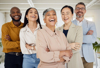 Business people, laughing and arms crossed portrait in a office with diversity and senior woman...