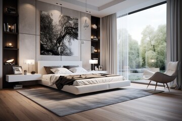 Contemporary bedroom design with bright home decor, .