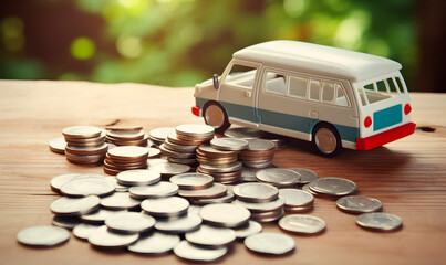 camping car miniature sur une table à côté de pièces de monnaie - coût d'un camping car - obrazy, fototapety, plakaty