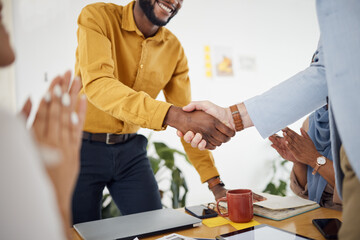 Creative people, handshake and meeting in hiring, b2b or partnership and applause in teamwork at...