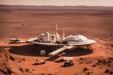 Base and spaceship on Planet Mars. Mission to Mars